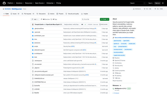 NVIDIA/SkillSpector 仓库主页：Apache-2.0 许可、17.9k stars、最新 release v2.11.2（查询于 2026-09-20）