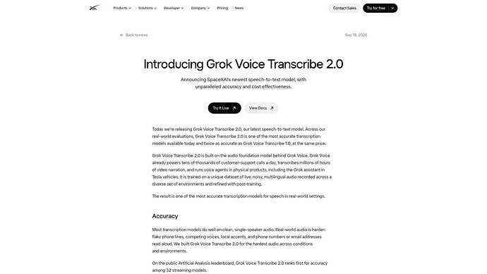 xAI 官方发布页：Grok Voice Transcribe 2.0 与定价（来源：x.ai/news/grok-voice-transcribe-2）