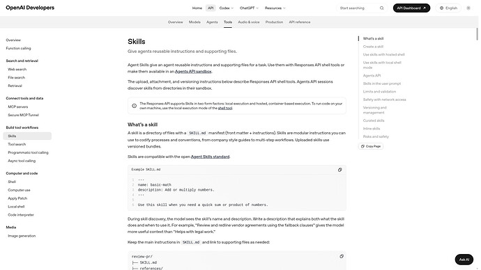 OpenAI 开发者文档《Skills》页：技能定义、版本化 bundle 与「兼容 Agent Skills 开放规范」声明（来源：developers.openai.com）
