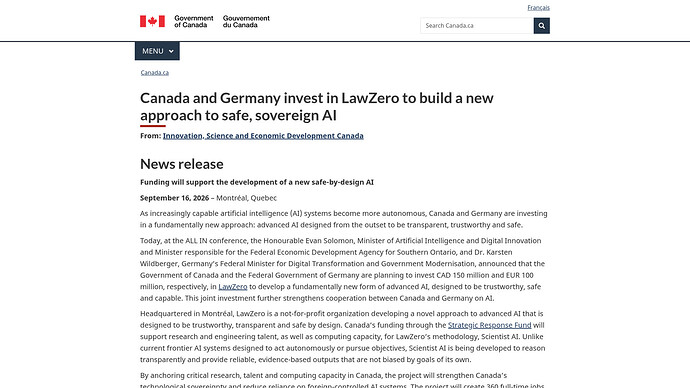 加拿大政府新闻稿：加拿大与德国联合投资 LawZero，金额为 1.5 亿加元与 1 亿欧元（来源：canada.ca，2026-09-16）