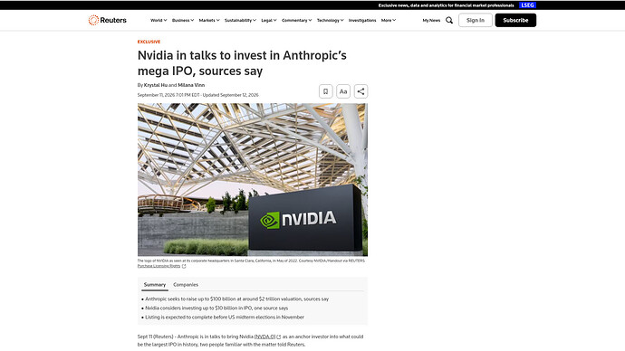 路透社独家报道：英伟达洽谈投资 Anthropic 的巨型 IPO（2026-09-11，含三项要点摘要）