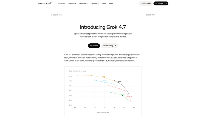 xAI 官方新闻页《Introducing Grok 4.7》（页标 Sep 21, 2026）：定位语与 CursorBench 4.0「分数—每任务平均成本」散点图
