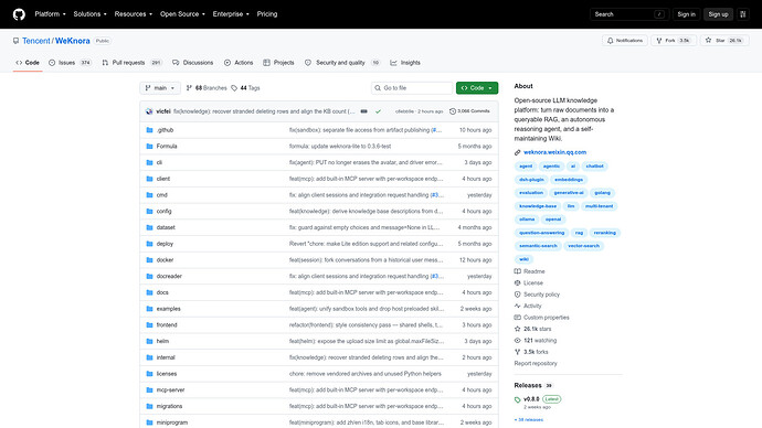 Tencent/WeKnora 仓库主页：26.1k stars，最新发布 v0.8.0（来源：github.com/Tencent/WeKnora，截图于 2026-09-18）