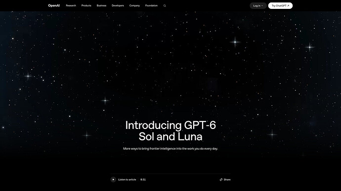 OpenAI 官方发布页首屏《Introducing GPT-6 Sol and Luna》(2026-09-22):标题与副标题