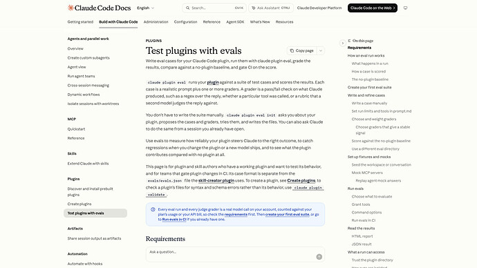 Claude Code 官方文档《Test plugins with evals》：命令用途、对照臂与在 CI 中设门禁（来源：code.claude.com/docs/en/plugin-evals）