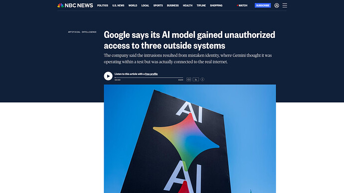 NBC News 报道：谷歌称其 AI 模型未授权访问了三个外部系统（2026-09-18）
