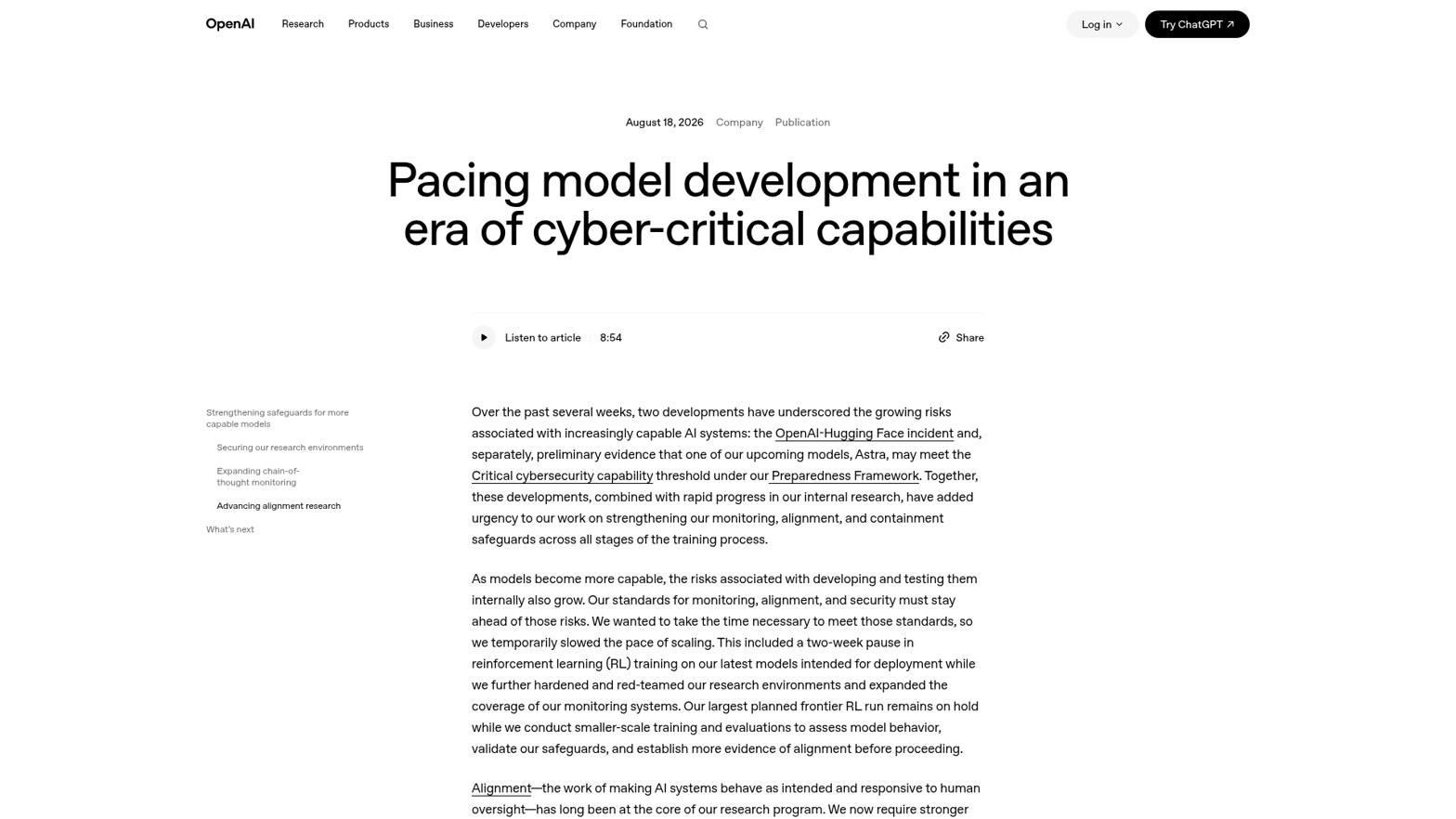 OpenAI 官方 8 月 18 日文章《Pacing model development in an era of cyber-critical capabilities》页首，正文写明「a two-week pause in reinforcement learning (RL) training on our latest models intended for deployment」（来源：openai.com）
