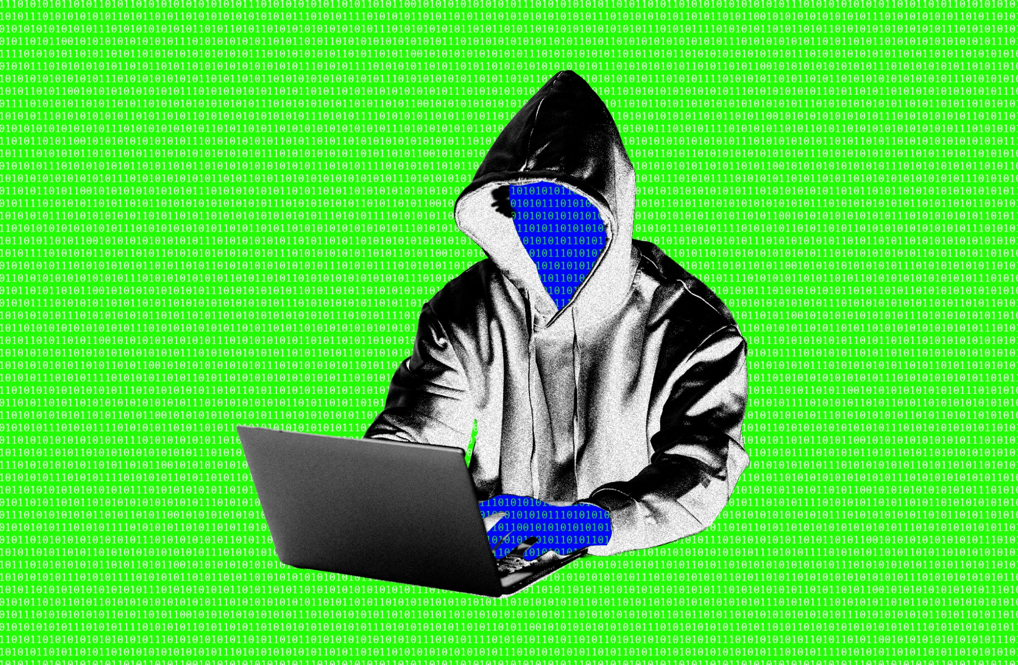 The Verge 报道《One company is at the center of a wave of rogue AI attacks》配图：身着连帽衫者与绿色二进制背景的合成插画（插图：The Verge）