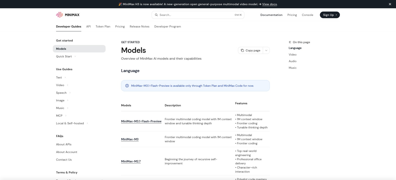 MiniMax 官方文档「Models」页：提示 M3.1-Flash-Preview 目前仅经 Token Plan 与 MiniMax Code 提供；下方模型表并列 MiniMax-M3.1-Flash-Preview（Frontier multimodal coding model with 1M context window and tunable thinking depth）与 MiniMax-M3（1M context window），特性栏前者多出 Tunable thinking depth（来源：platform.minimax.io/docs/guides/models-intro）