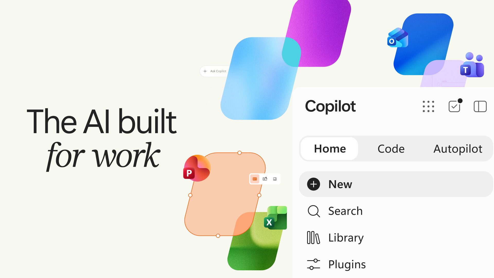 微软官方博文主图：新版 Copilot 的 Home／Code／Autopilot 三块（来源：blogs.microsoft.com）
