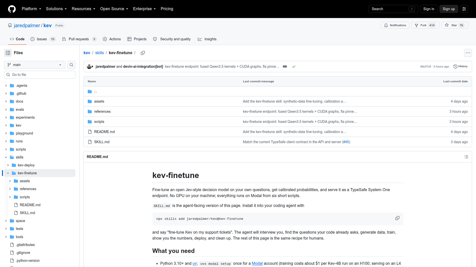 Kev 仓库的 skills/kev-finetune 目录：SKILL.md、README.md 与 assets／references／scripts（来源：github.com/jaredpalmer/kev）