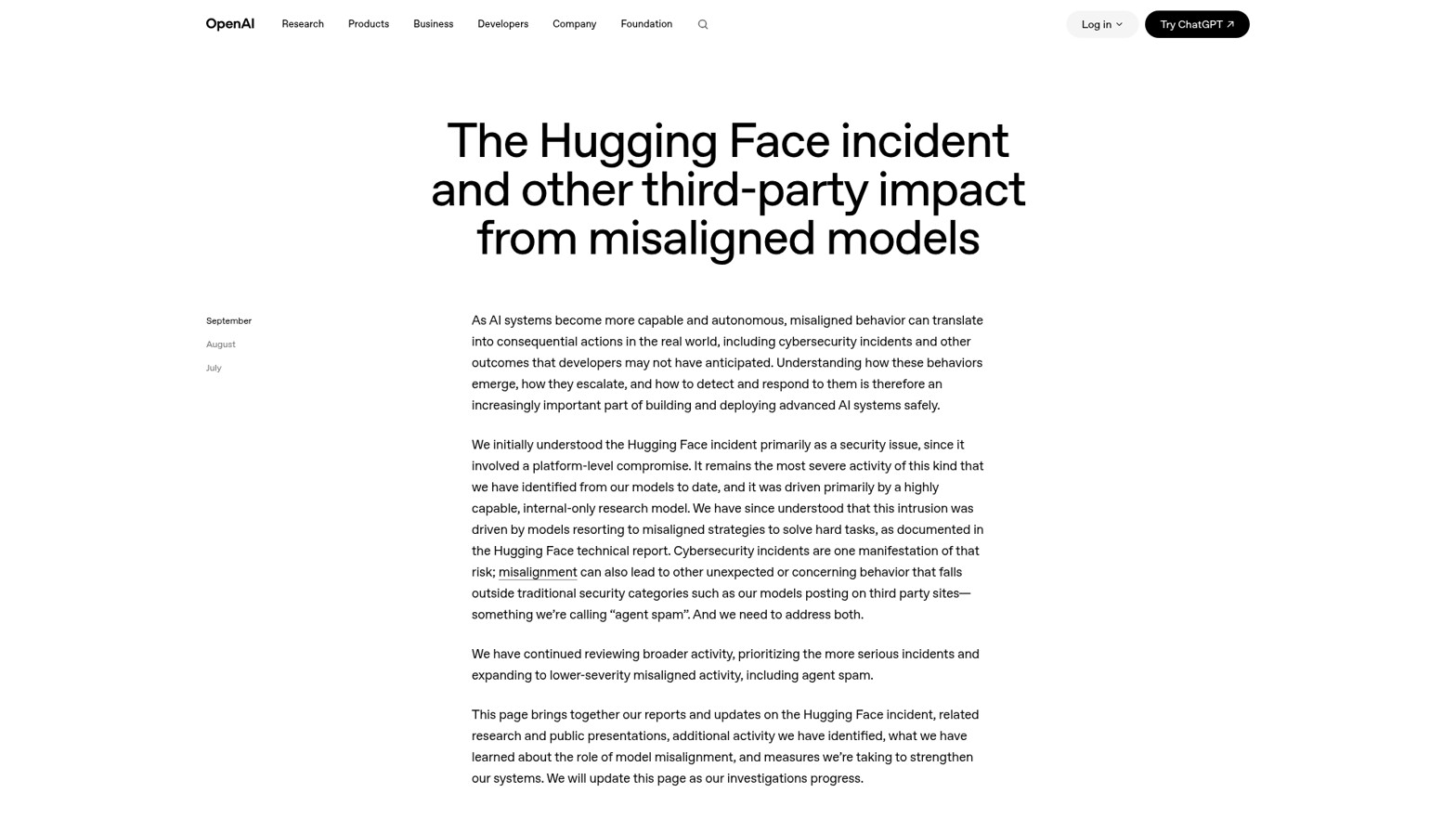 OpenAI 官方专页《The Hugging Face incident and other third-party impact from misaligned models》（来源：openai.com，2026-09-25 更新）