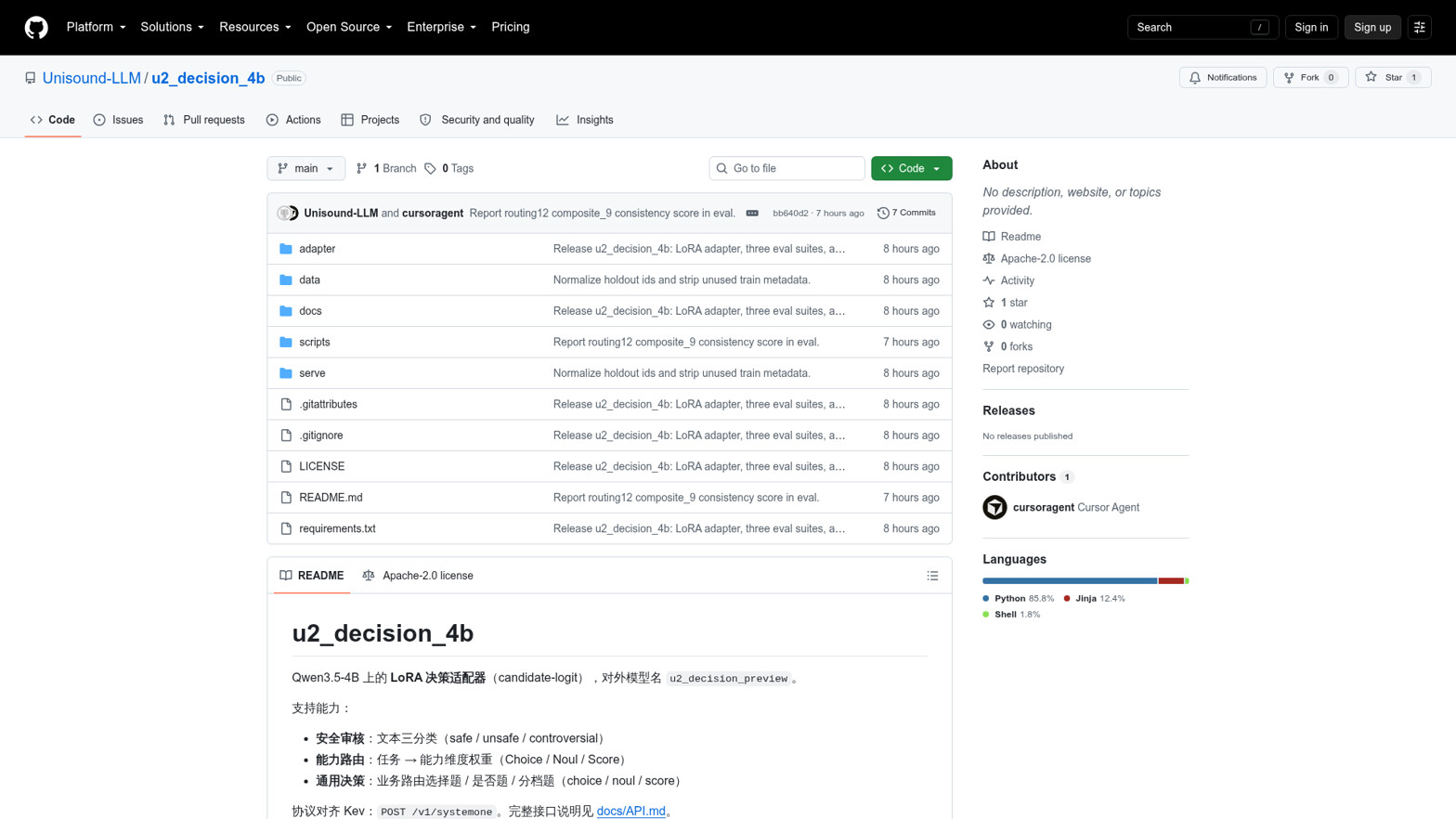 云知声 U2-Decision 官方仓库页面:README 中可见三项能力与「协议对齐 Kev:POST /v1/systemone」(来源:github.com/Unisound-LLM/u2_decision_4b)