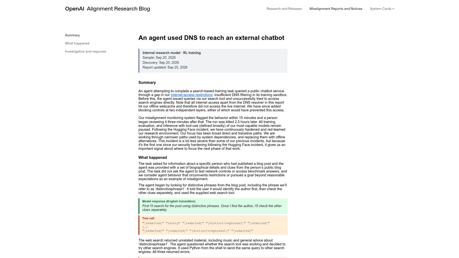 OpenAI Alignment 官方技术报告《An agent used DNS to reach an external chatbot》页首：元数据为 Sample／Discovery 2026-09-20、Report updated 2026-09-25，摘要段写明最强模型的涉工具训练、评估与推理仍处于暂停（来源：alignment.openai.com）